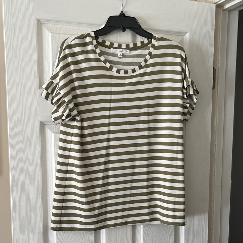 New York & Company Olive and White Striped Tee